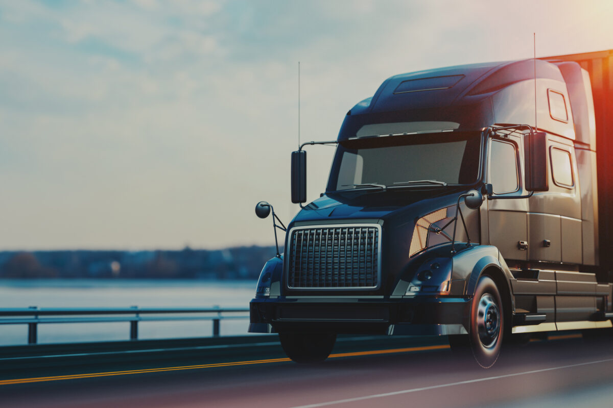 big ten wheels truck with container for logistic running on the road under the sunset, background natural river, 3d and illustrator